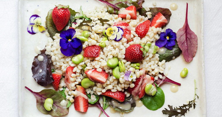 Pearl barley salad with fresh fava beans, strawberries and a sweet tahini dressing {vegan}