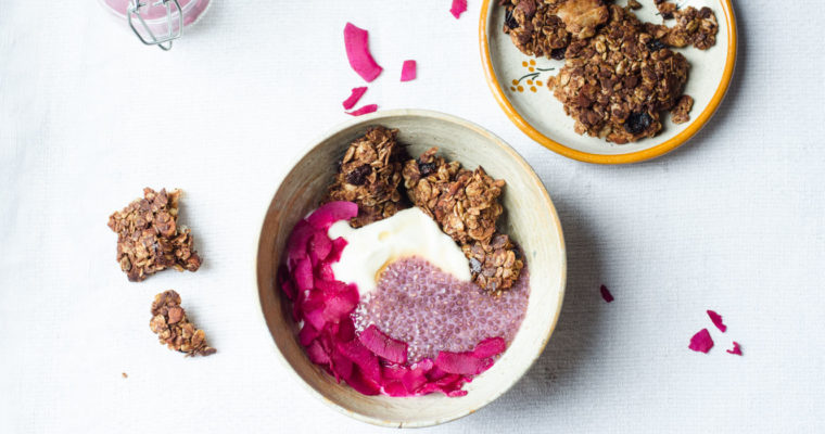 Breakfast bowl with chia pudding, pink coconut chips and granola clusters {vegan}