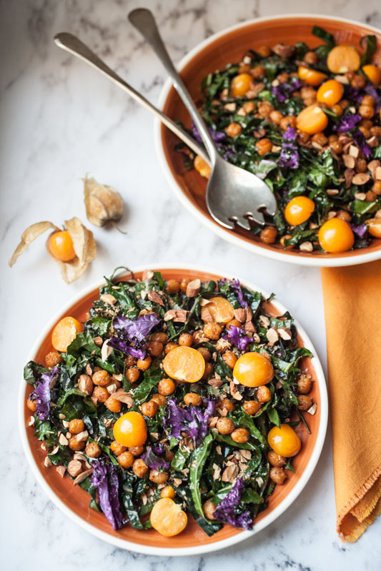 Kale slaw with roasted chickpeas and physalis {vegan + gluten free}