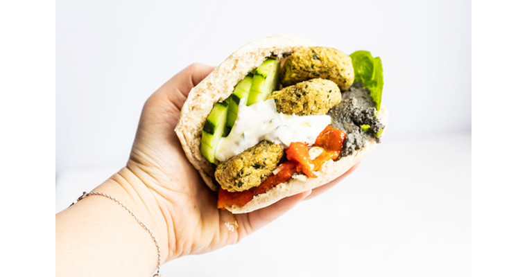 Homemade pita w/ quick baked falafels, black hummus and roasted peppers {vegan}