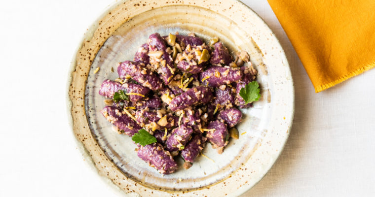 Ube (purple sweet potato) gnocchi w/ a walnut-caper pesto {vegan}